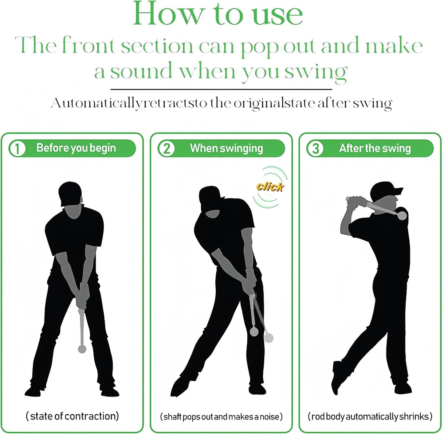 IEKEODI Retractable Golf Swing Trainer, Golf Grip Trainer and Right-Handed Golf Training Aid for Chipping Hitting, Ideal Golf Swing Training Aid with Arm Band for Indoor & Outdoor Use(Black)