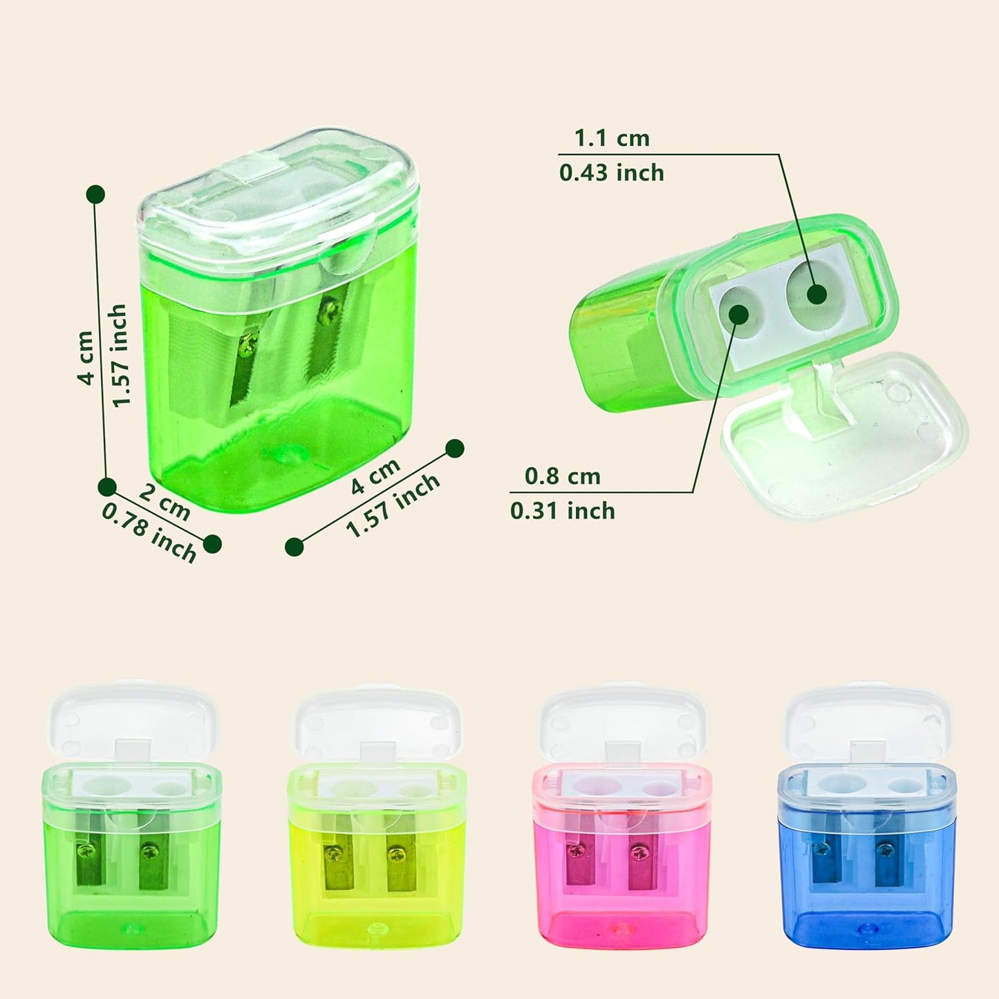 AUSTARK 24Pcs Pencil Sharpener Manual, Assorted Color Small Dual Hole Pencil Sharpeners Bulk with Lid with Lid for School Office Home (Rectangle-24)