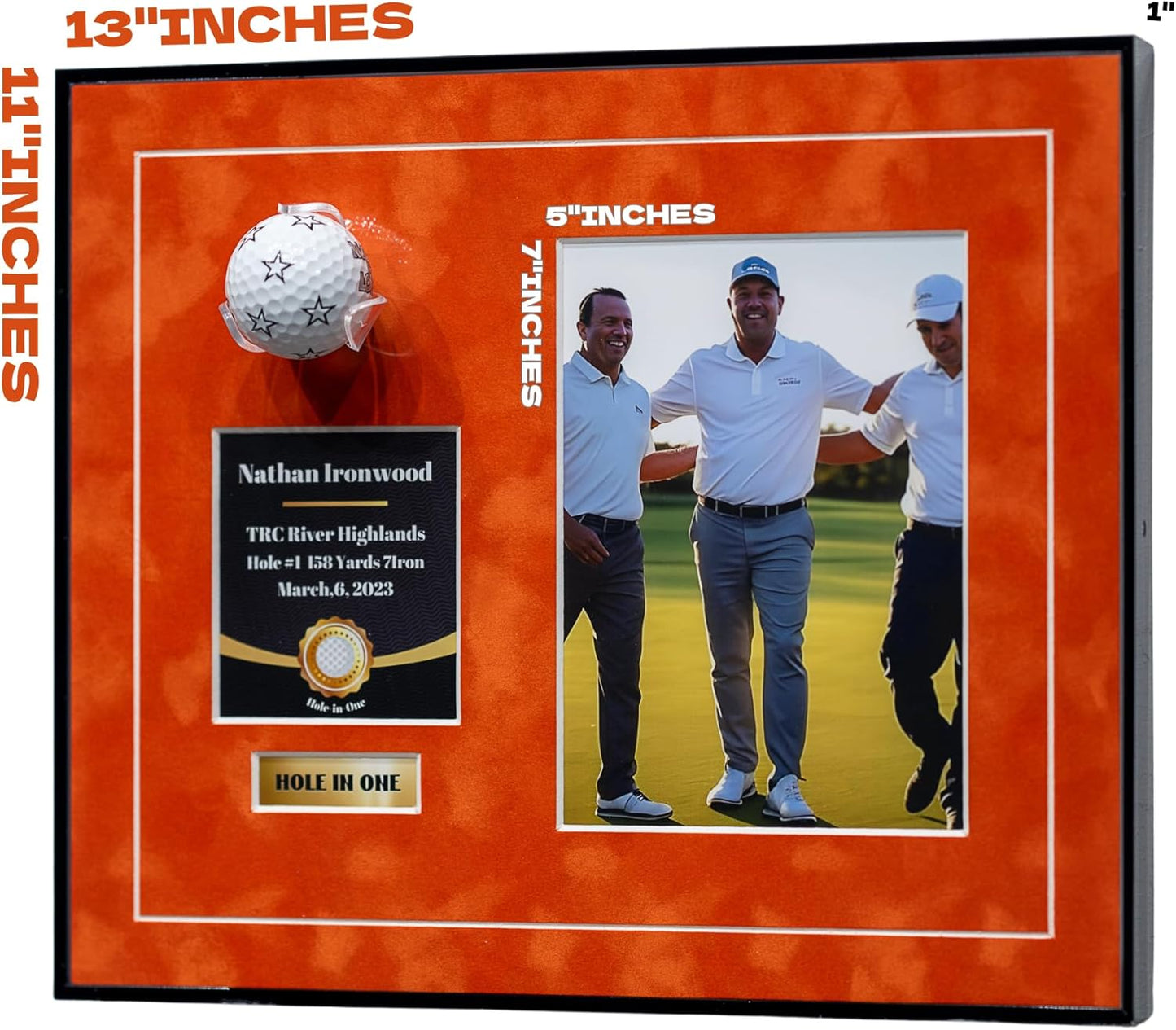 One-Shot Victory Golf Ball Display Frame – Acrylic Case with External Ball Mount, Custom Photo & Nameplate, Orange Suede Mat, Elegant Golf Keepsake Gift