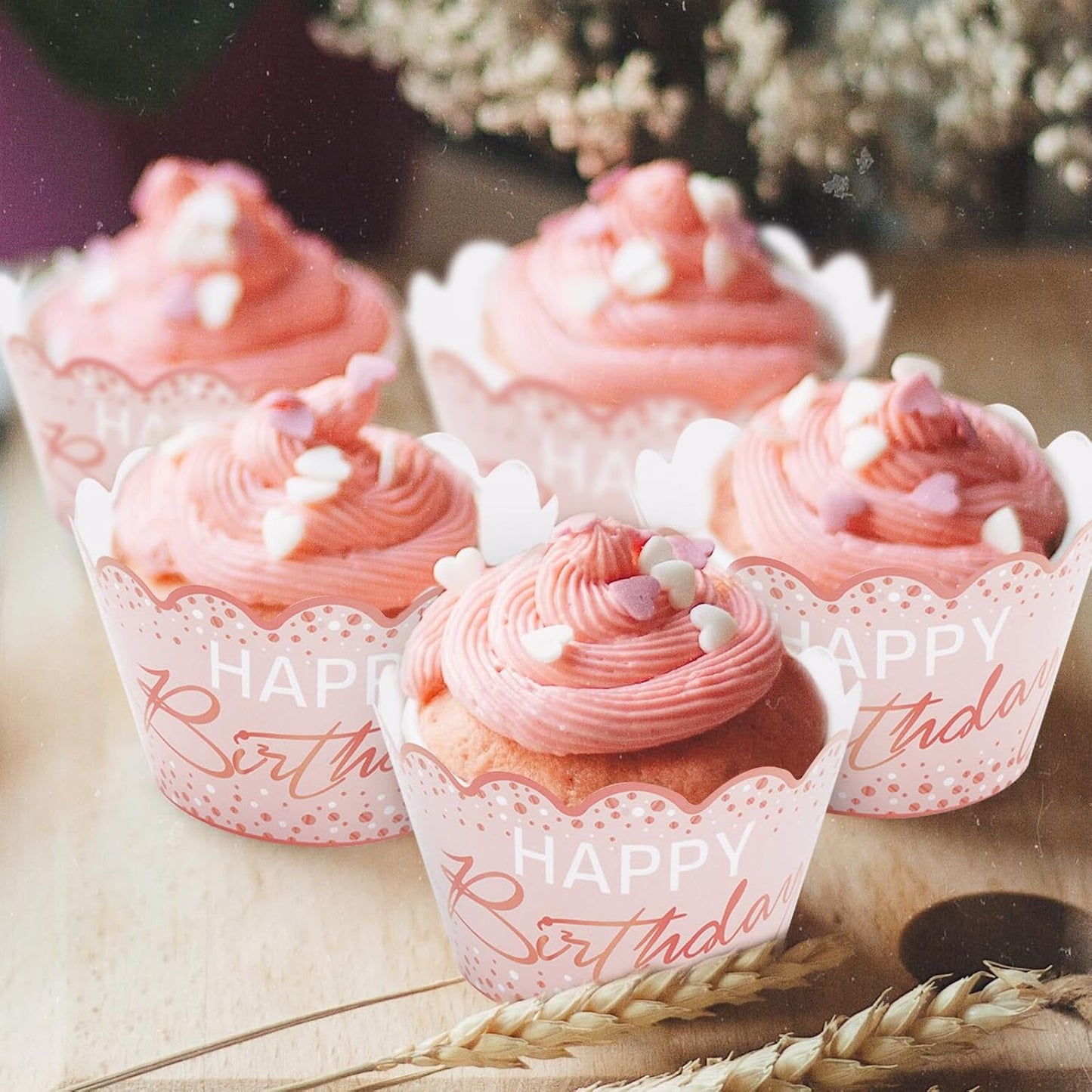 Whaline 36Pcs Happy Birthday Cupcake Wrappers Pink Dots Cupcake Liners Decorative Cupcake Holders for Baby Shower Birthday Party Cake Decoration