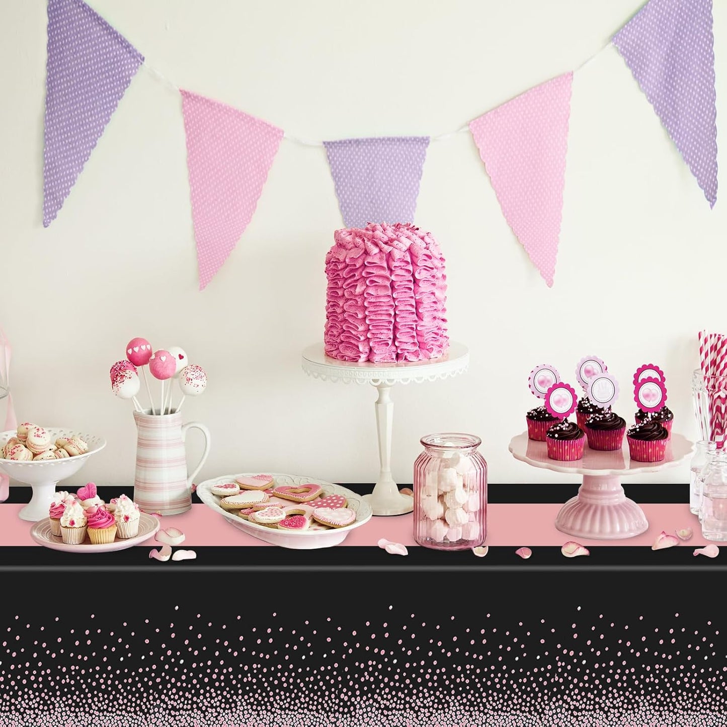 6 Pack Rectangle Plastic Dot Tablecloth Set, 54 X 108 Inch Plastic Table Cover, 12 x 108 Inch Satin Table Runners for Wedding Graduation Birthday New Year Party Decorations (Black, Rose Gold)