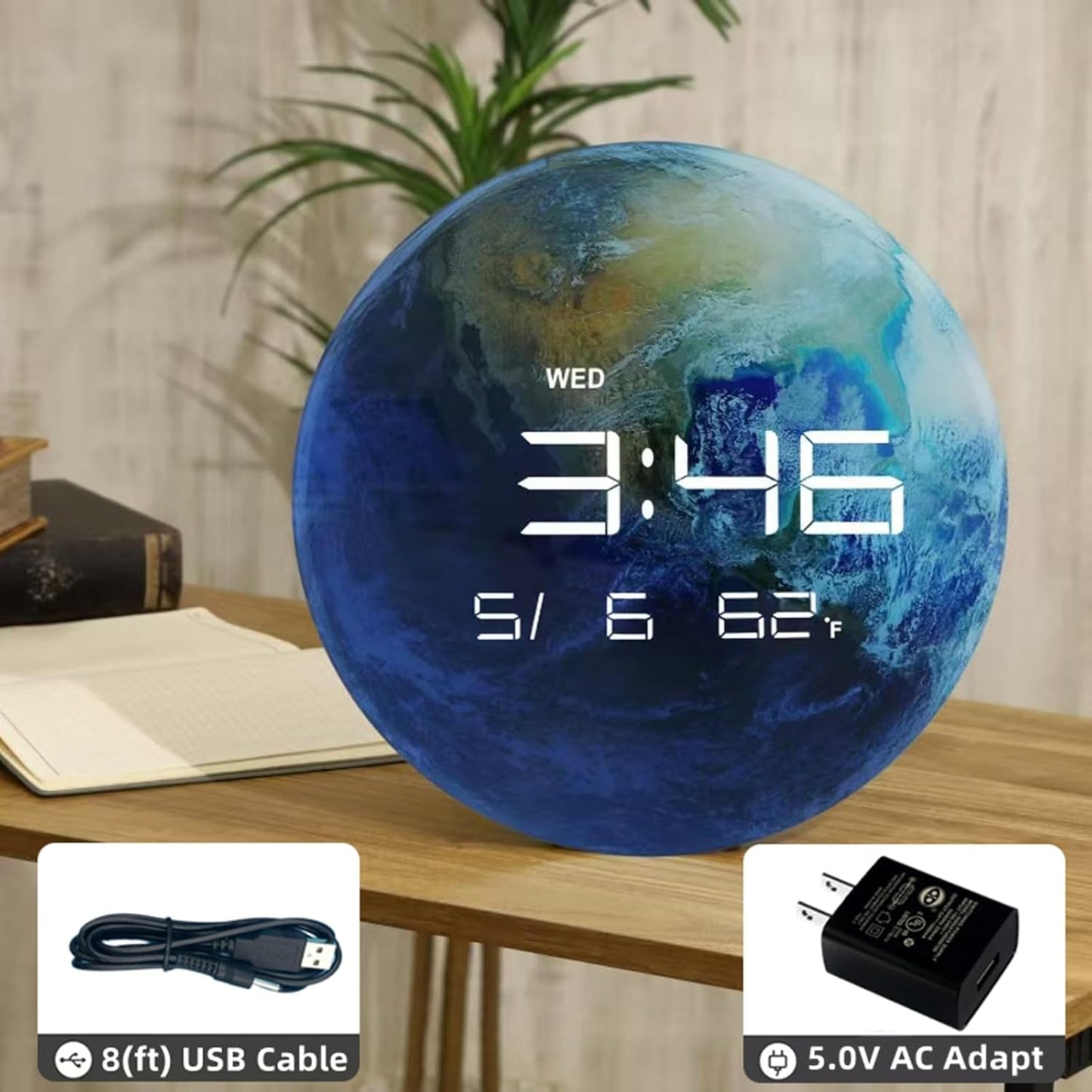 13" Digital Wall Clock with LED Display, Calendar & Temperature, Automatic Dimming, 12/24hr Format, USB Powered, Wall & Desk Use - HUI-7859