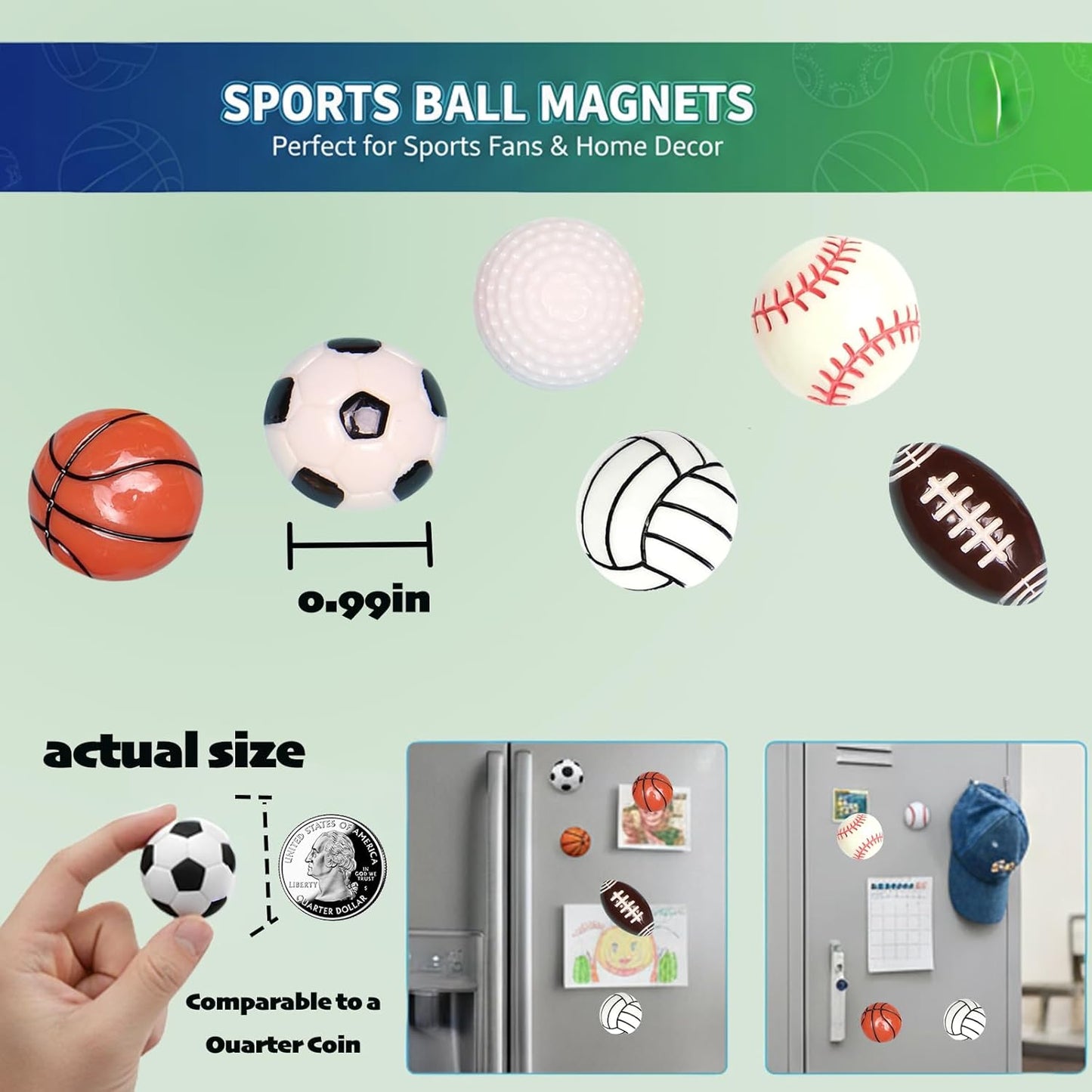 12 Pack 3D Sports Ball Refrigerator Magnets – Strong Decorative Round Magnets for Kitchen Fridge, Whiteboard, Cabinets, Locker & Dishwasher