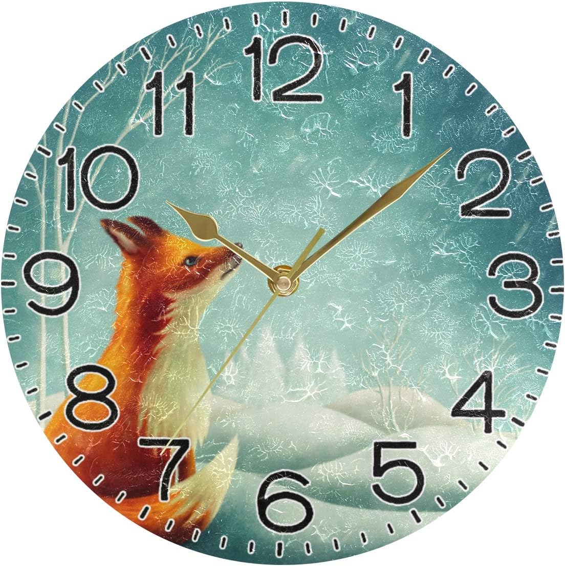 Red Fox Wall Clock Battery Operated Non Ticking Silent Quartz Analog Rustic Farmhouse Round Clock Retro Decor for Home Kitchen Living Room Bathroom