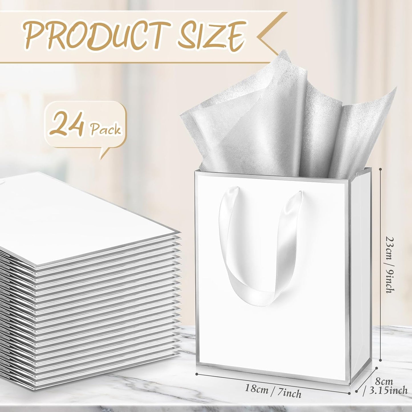 Yeaqee 24 Pack Metallic Paper Gift Bags with Handle and Tissue 9x7x3.1 Gold Foil Welcome Favor Bags Return Gifts for Wedding Fall 5 Senses Christmas Bridesmaid Birthday(White, Silver)