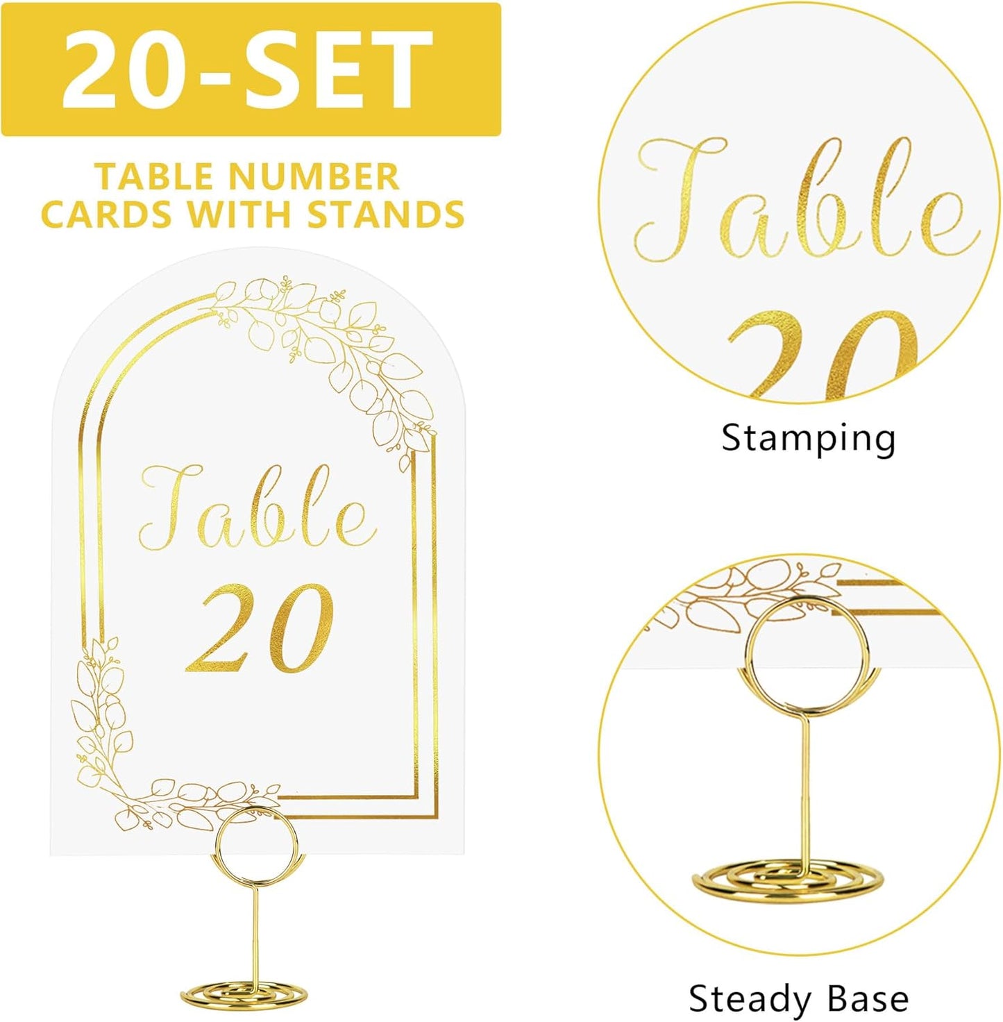 JOYIT 20 Sets Wedding Table Numbers 1-20 with 20 Pcs Holders, White Gold Cards with Place Card Holders, 4" x 6" for Wedding Reception and Birthday