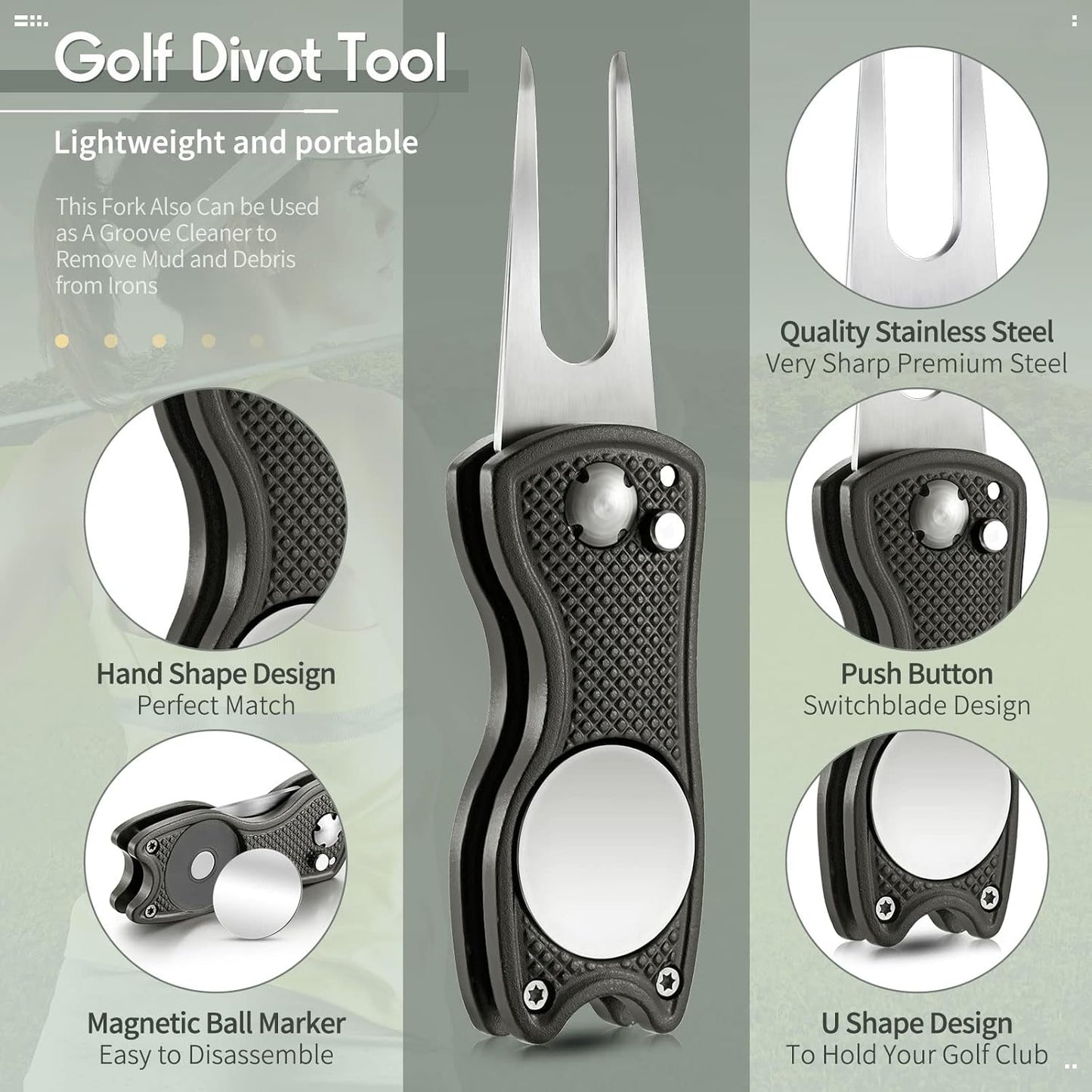 Skylety 4 Pcs Golf Divot Repair Tool Metal Foldable Golf Divot Tool with Magnetic Pop-up Button Ball Marker Stainless Steel Switchblade for Golfers Prizes