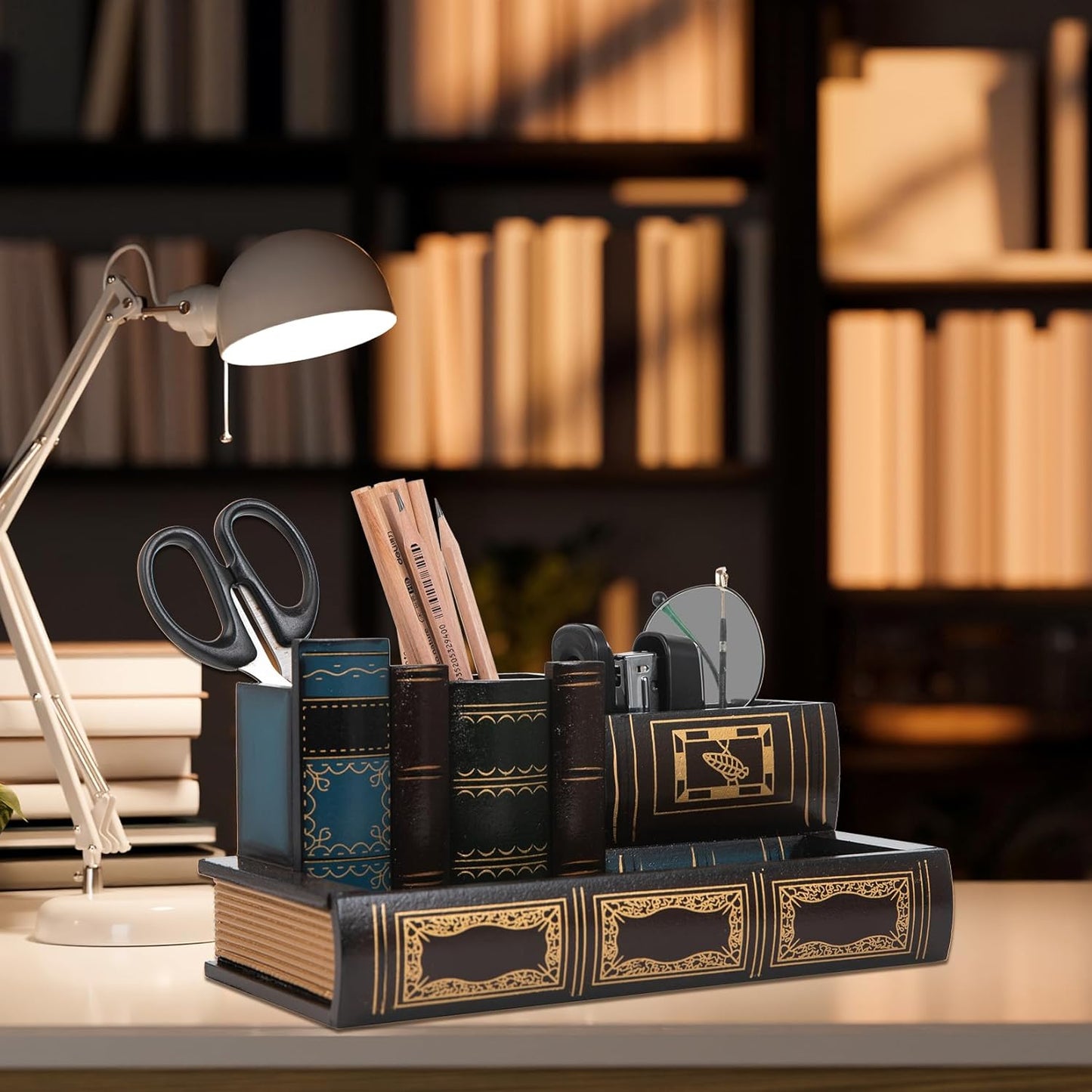 VERGOODR Decorative Pencil and Pen Holder with Storage Drawer, Wooden Desk Organizer Caddy, Antique Library Books Design Pen Cup for Office Supplies, Countertop, Desk,Table (Reddish brown)