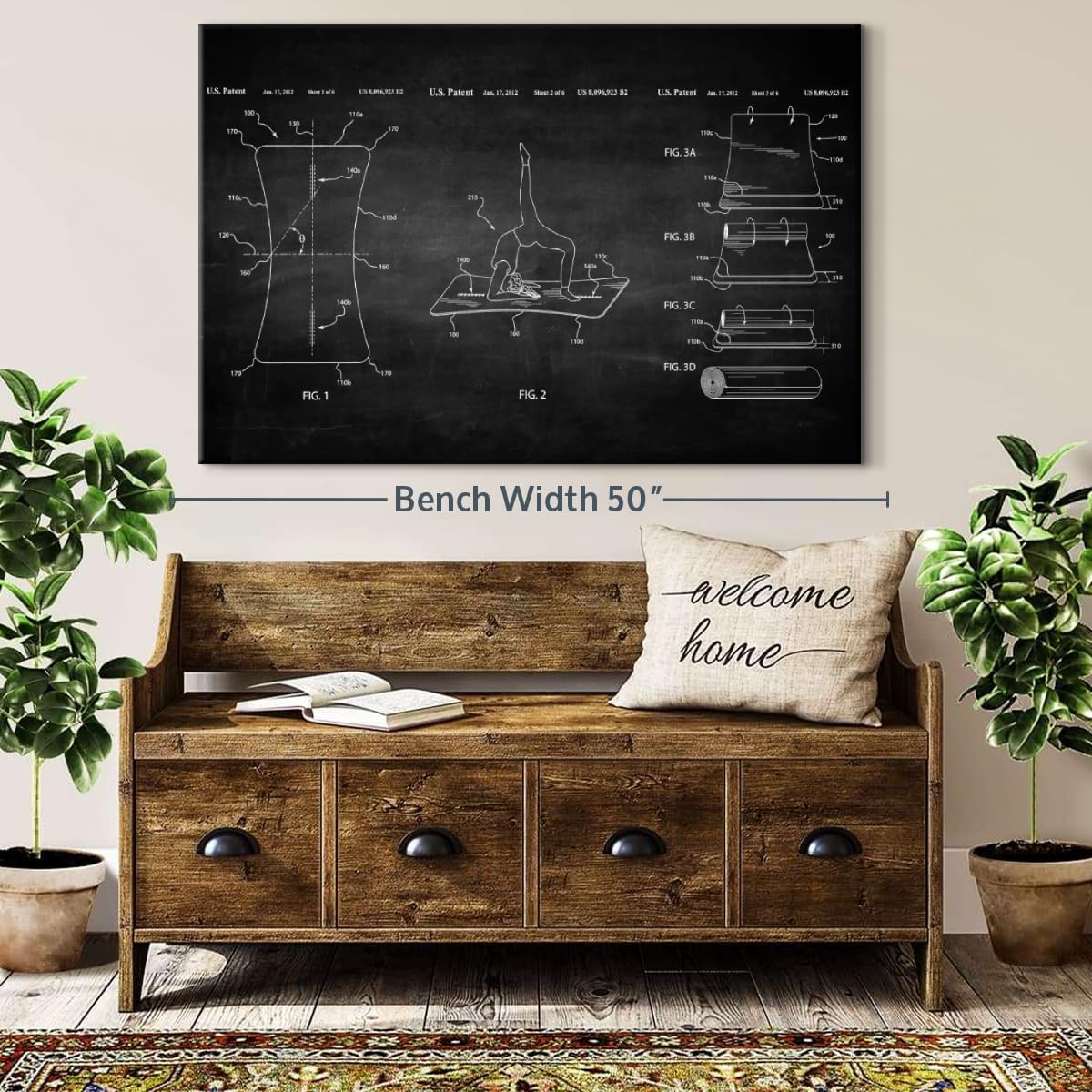 ElephantStock Exercise Mat BW Patent Wall Art - Horizontal Wrapped Canvas - 1-Piece Living Room Wall Decor - Digital Art Patent Canvas Print - Black and White Decor - 45" X 30"