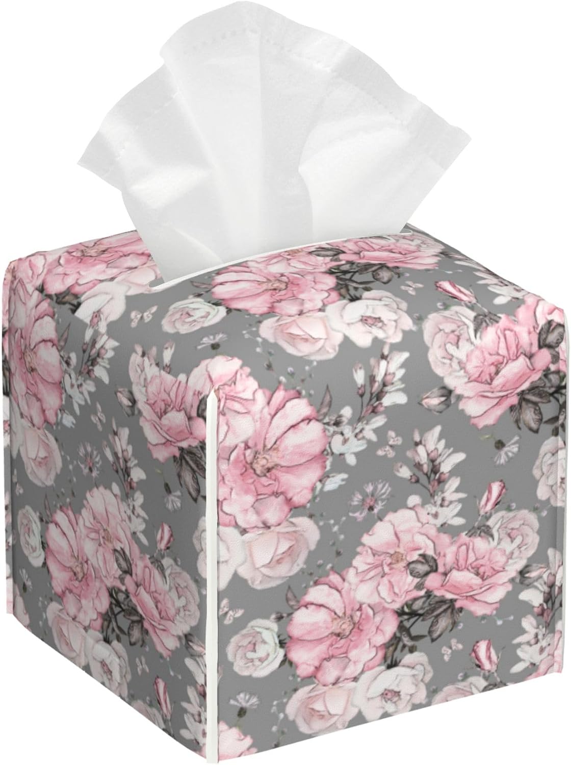 Tissue Box Holder Pink Flowers and Leaves Tissue Box Cover Square Leather Tissue Holder Organizer Portable Decorative Facial Paper Case for Home Office Bathroom Vanity Countertop