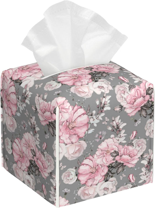 Tissue Box Holder Pink Flowers and Leaves Tissue Box Cover Square Leather Tissue Holder Organizer Portable Decorative Facial Paper Case for Home Office Bathroom Vanity Countertop