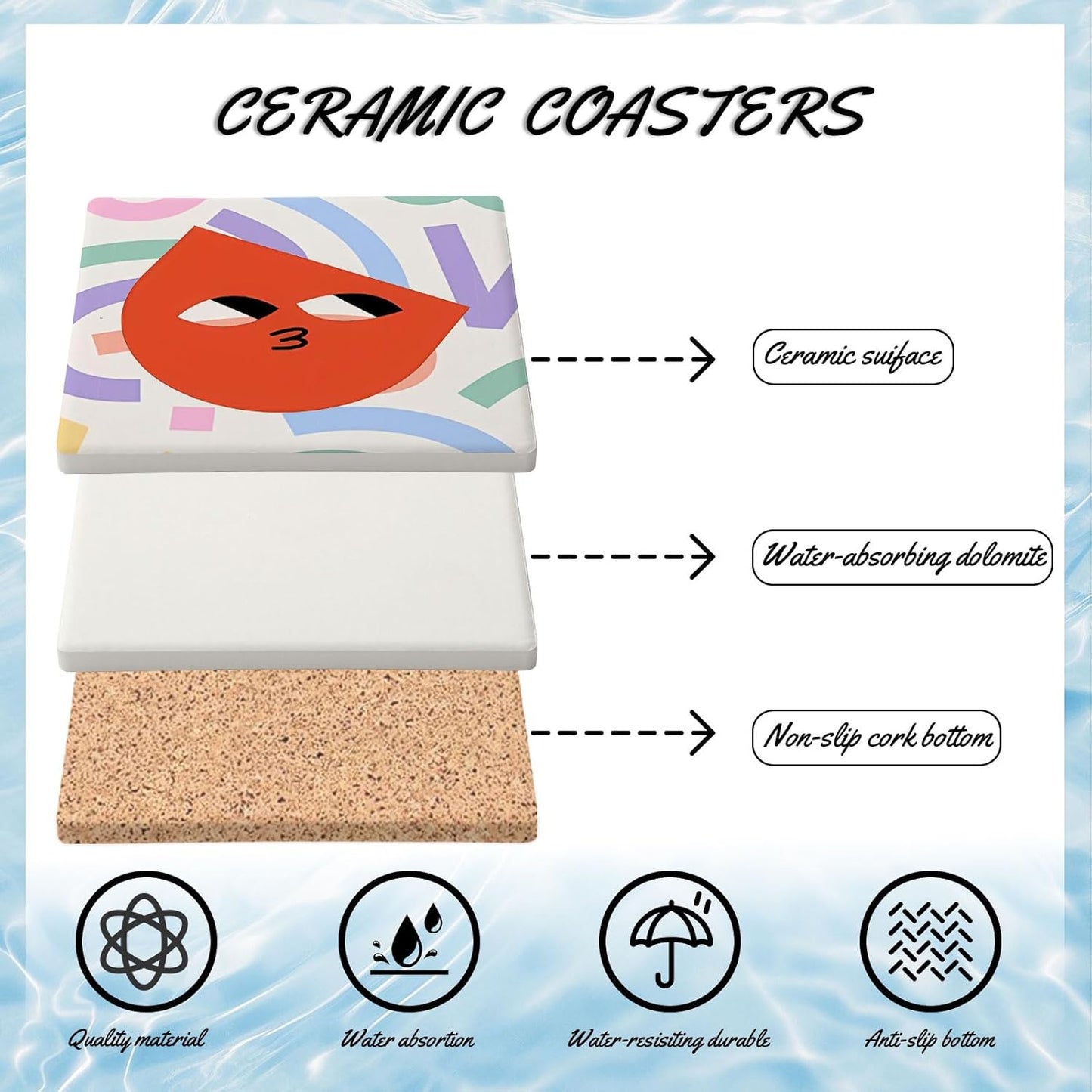 MAYCARI Cartoon Funny Grimace Face Coasters Set of 6 Cork Backed Cute Coasters with Metal Holder Original Ceramic Surface Drink Cup Mats for Tabletop Protection Modern Desk Decoration Birthday Gifts