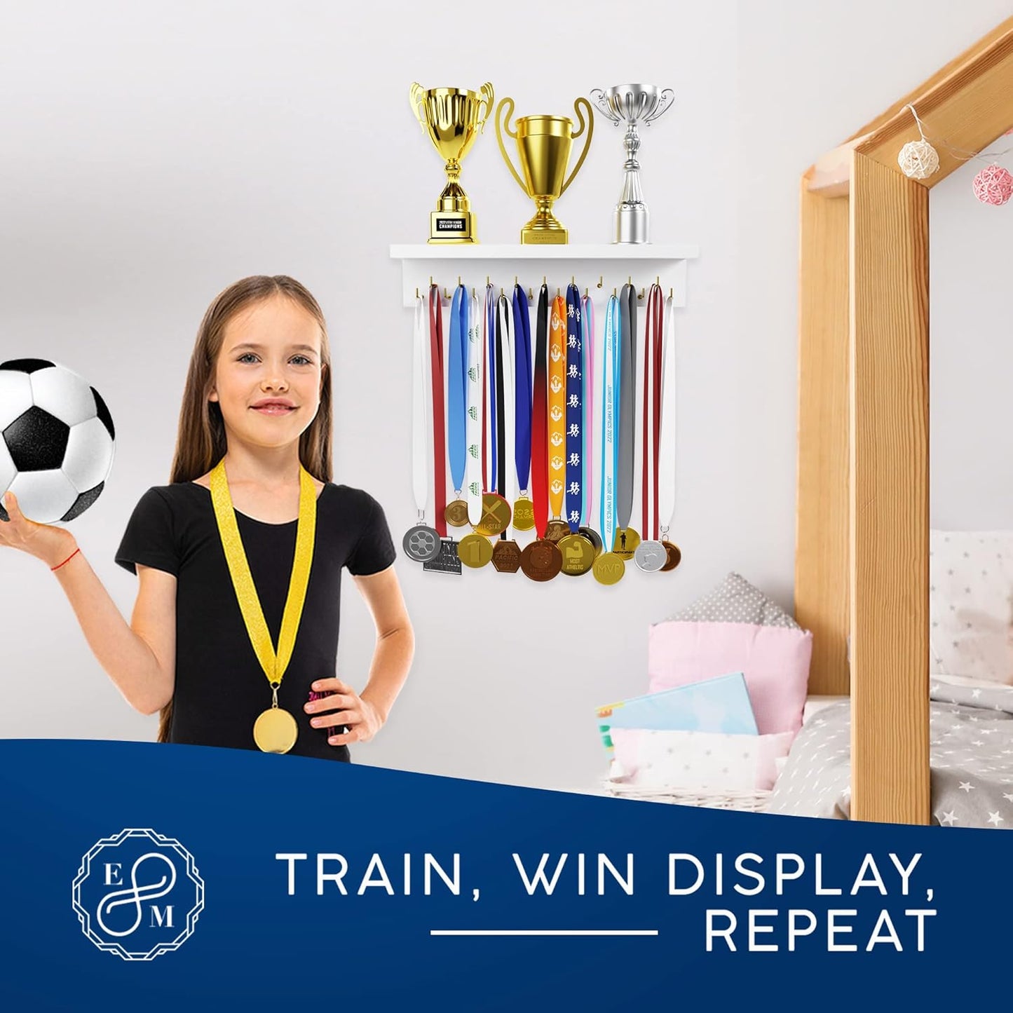 EVERMORE Medal Hanger Display and Trophy Shelf with Hooks - Wooden Medal Holder for Wall Mount Ribbon Display, Trophy Display Shelf for Gymnastics, Soccer, Running Race Medals Awards Rack