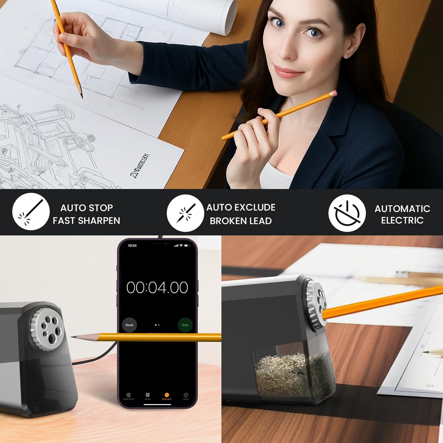 Heavy Duty Electric Pencil Sharpener – 6-Hole for 6-12mm Pencils, Auto Start/Stop, Fast 4s Sharpening, Zinc Alloy Blade, 10,000+ Sharpenings – Ideal for Classroom, Office & Art Use