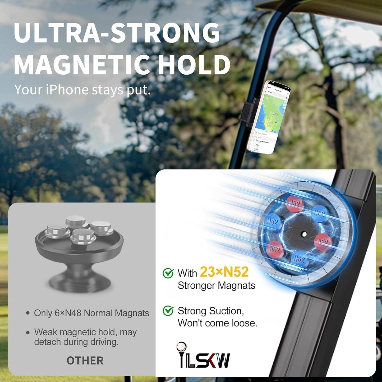 Magnetic Golf Cart Phone Holder Compatible with Magsafe iPhone 16/15/14/13/12, Fits Yamaha, EZGO, Club Car, Alloy Strong Magnetic Phone Mount for Gym, Kitchen