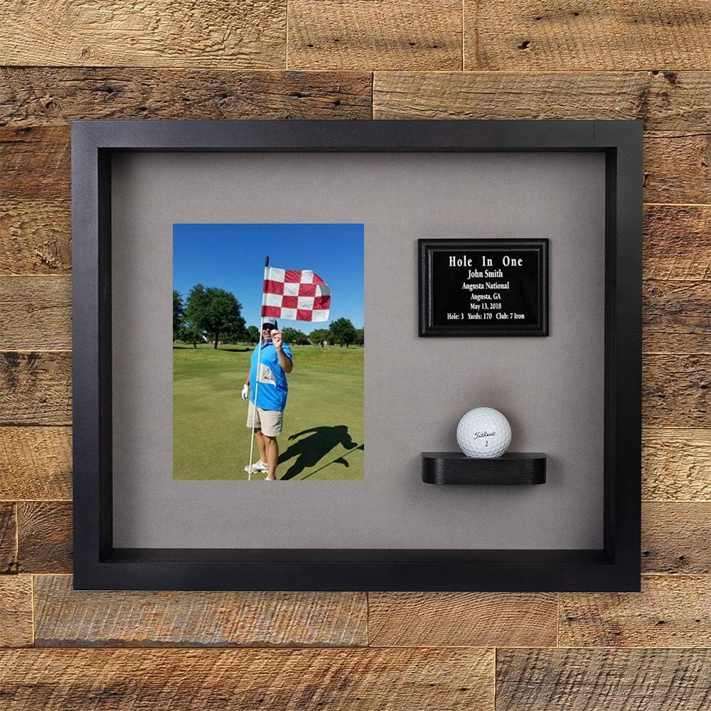 Hole in One Shadowbox and Golf Ball Display Case | Personalized Engraved Plate | Holds Golf Ball and Scorecard or Photo |4 Color Finishes | Wall Mounted (Vertical, Black/Gray)