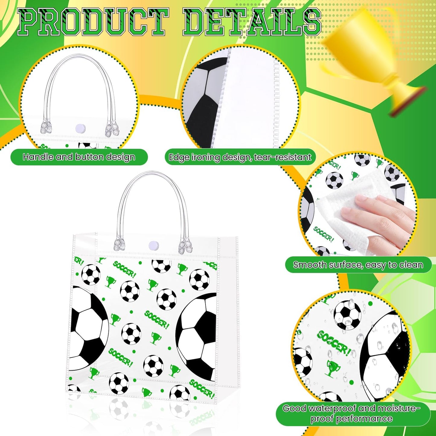 24 Pieces Clear Soccer Gift Bags with Handles Transparent PVC Soccer Goodie Bags 7.9 x 7.9 x 3.1Inch Sport Theme Party Favor Bag for Birthday Holiday Sports Team Events
