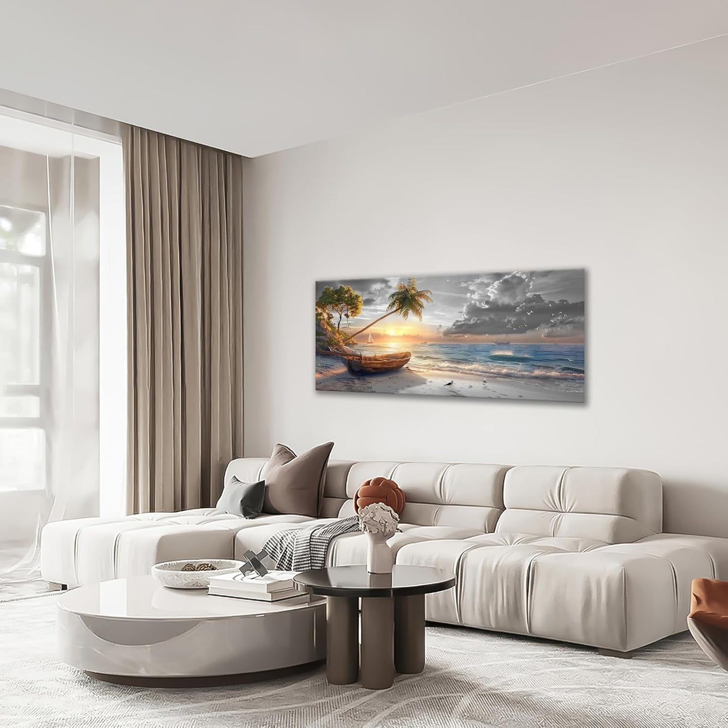 Large Coastal Living Room Wall Art Summer Beach Canvas Wall Decor Black White Ocean Seascape Pictures Painting Hawaii Scenery Home Decoration Giant Boat Seagull Artwork for Bedroom Framed 30"x60"