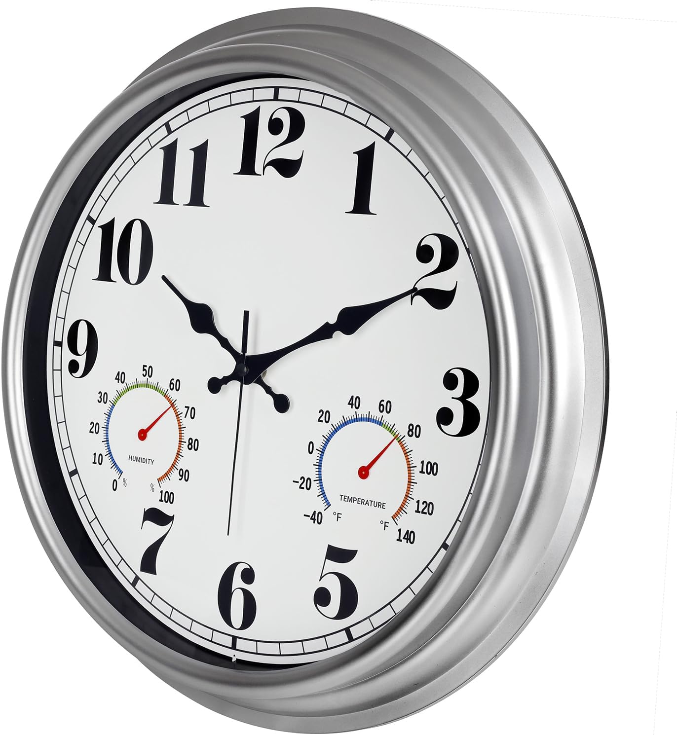 JENLYSTIME 16 Inch Silver Vintage Waterproof Indoor/Outdoor Wall Clock with Thermometer & Hygrometer, Large Numerals & Silent Sweep Movement - Ideal for Porch, Garden, Pool