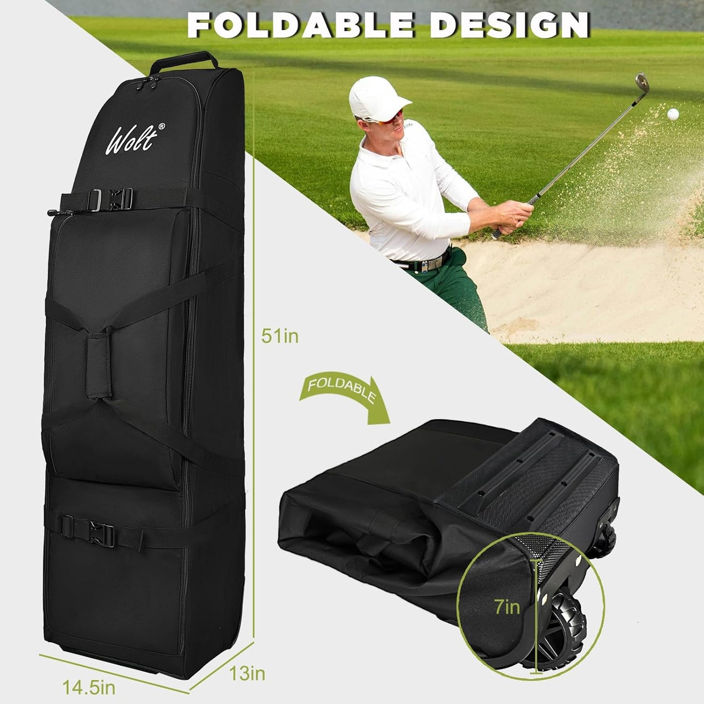 WOLT Golf Travel Bag with Anti-Impact Support System - Soft Padded Golf Travel Case for Airlines, Golf Travel Cover with Wheels