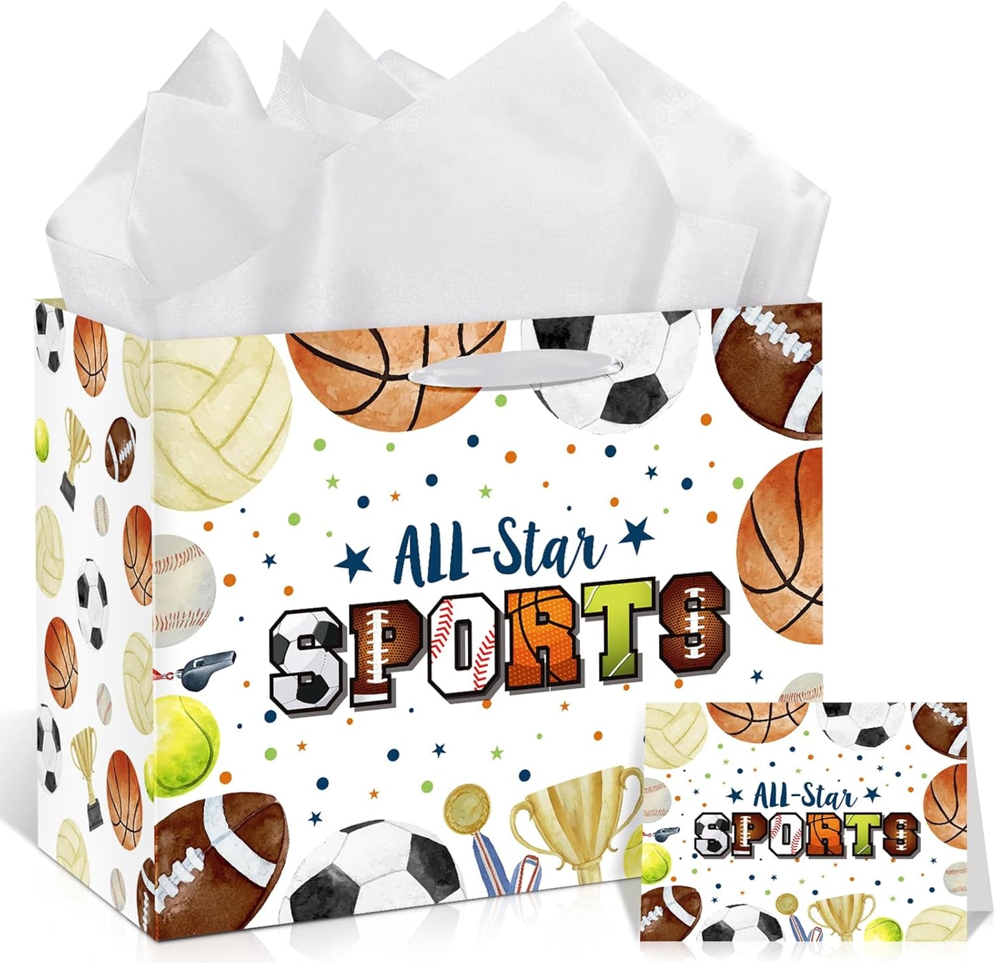 Sports Party Gift Bag, Sports Ball Gift Wrap Bag with Tissue Paper Card Decorations for Kids Men Soccer Tennis Football Baseball Team Birthday Party Favor Goodie Gifts Treat Wrapping Bag Supplies