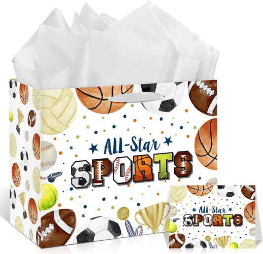Sports Party Gift Bag, Sports Ball Gift Wrap Bag with Tissue Paper Card Decorations for Kids Men Soccer Tennis Football Baseball Team Birthday Party Favor Goodie Gifts Treat Wrapping Bag Supplies