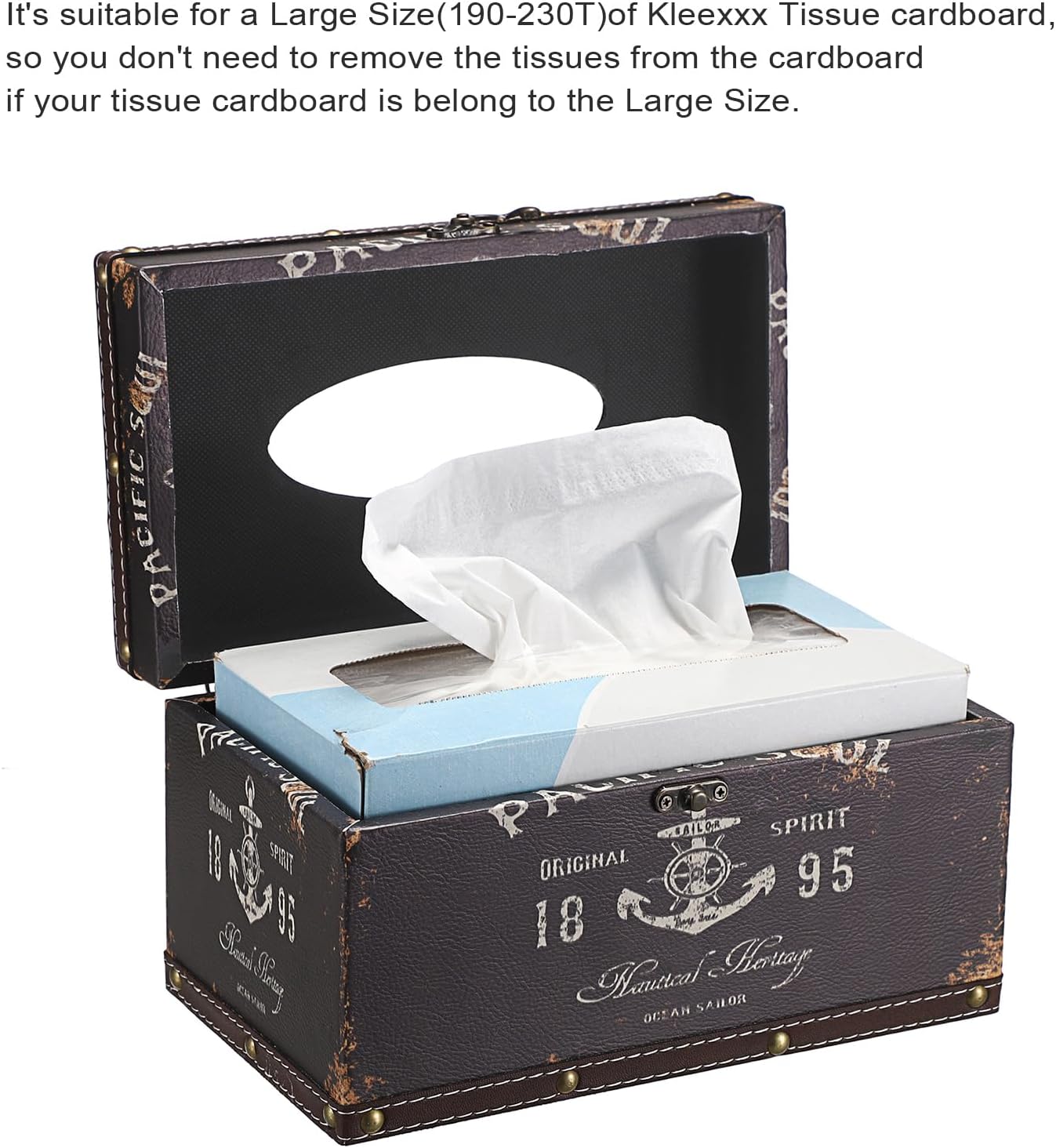 Sumnacon Tissue Box Cover Rectangle Wood Tissue Box with Hinged Lid, Vintage PU Tissue Box Holder Retro Brown Tissue Cover for Bathroom Toilet Bedroom Kitchen Office Table Desk, Large