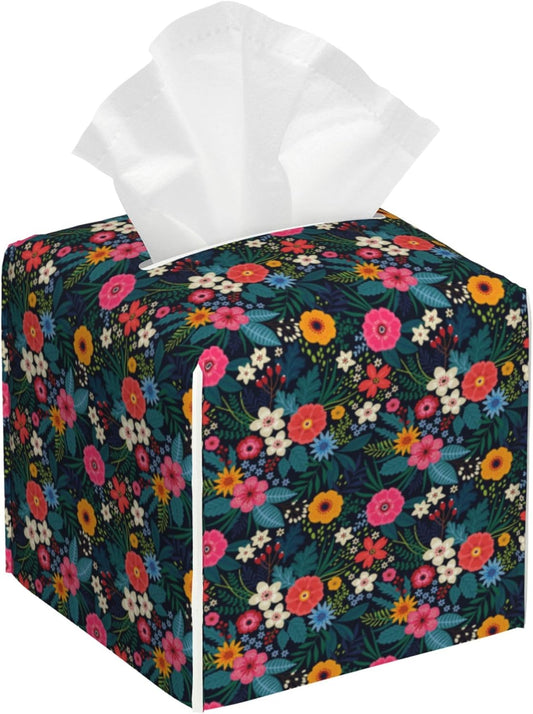 Colorful Flowers and Leaves Tissue Box Cover Leather Tissue Box Holder Square Facial Paper Organizer Dispenser for Bathroom Kitchen Bedroom Vanity Countertop Night Stands