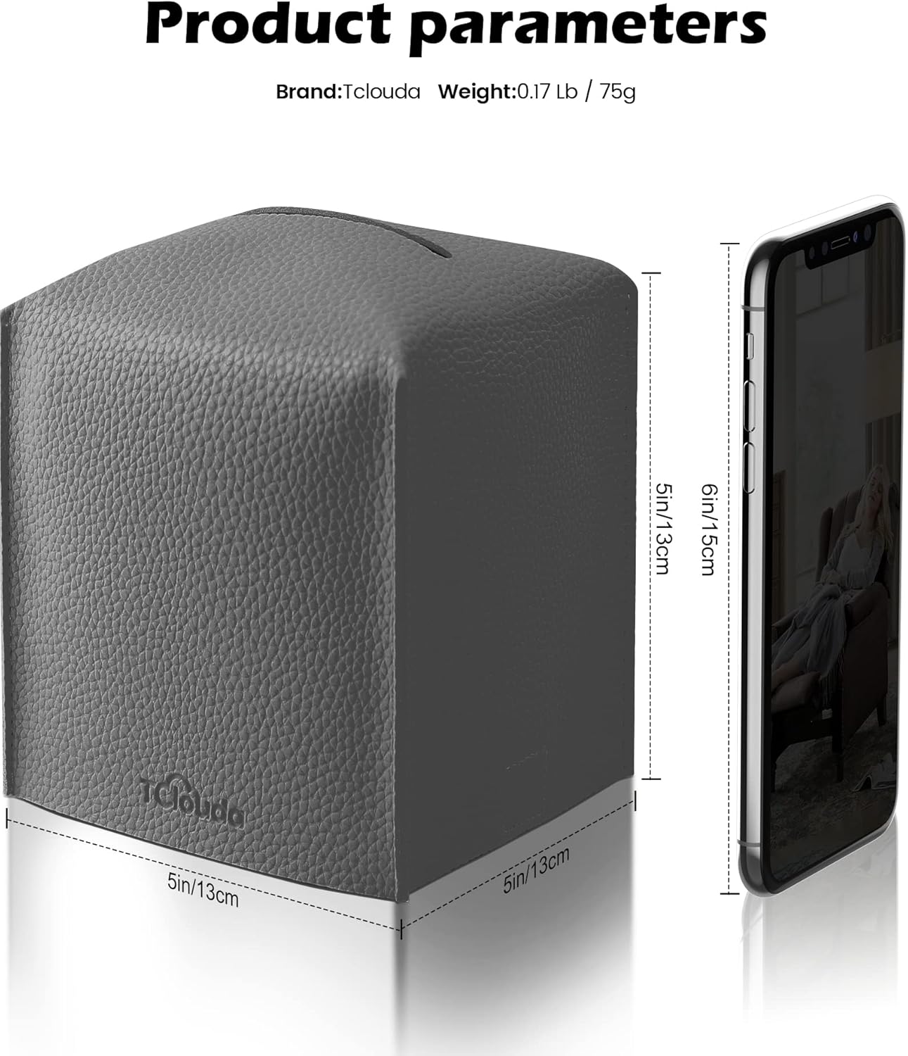 Tissue Box Cover for PU Leather, Modern Simple Solid Color Holder Square Tissue Bag, Ideal for Bathrooms,Office,Car,Nightstand,Outdoor Tent,Dining Table,5"X5"X5", Single Charcal