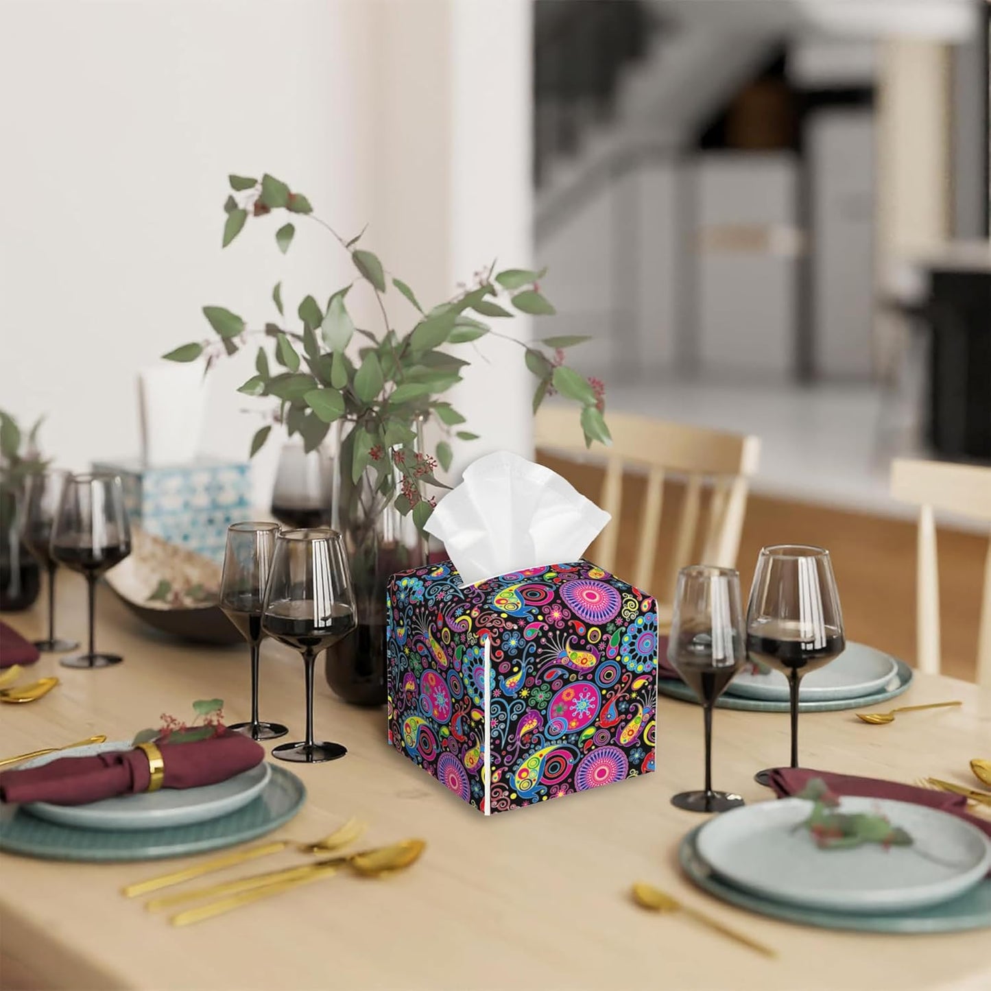 Tissue Box Cover Square,Boho Mandala Flowers and Paisley Tissue Box Holder Waterproof Leather Facial Paper Case Modern Home Decoration for Bedroom Dresser Night Stand Office Desk