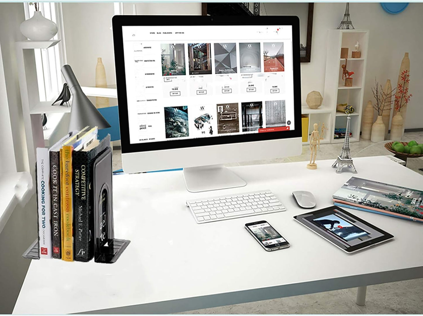 Metal Book Ends for Shelves, Book Shelf Holder Home Decorative, Book Ends for Heavy Books/Movies/CDs, Black 6.5 x 5 x 5.7 in, 4 Pair/ 8 Piece