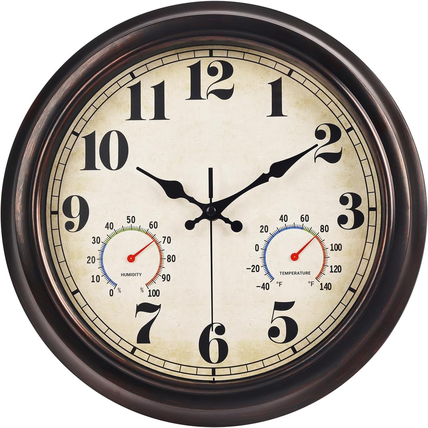JENLYSTIME 13 Inch Dark Brown Vintage Waterproof Indoor/Outdoor Wall Clock with Thermometer & Hygrometer Large Silent Numerals & Accurate Timekeeping for Living Room, Porch&Garden&Pool