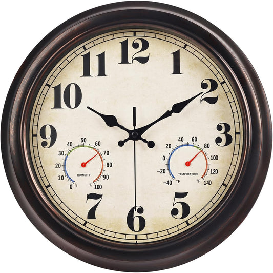 JENLYSTIME 13 Inch Dark Brown Vintage Waterproof Indoor/Outdoor Wall Clock with Thermometer & Hygrometer Large Silent Numerals & Accurate Timekeeping for Living Room, Porch&Garden&Pool