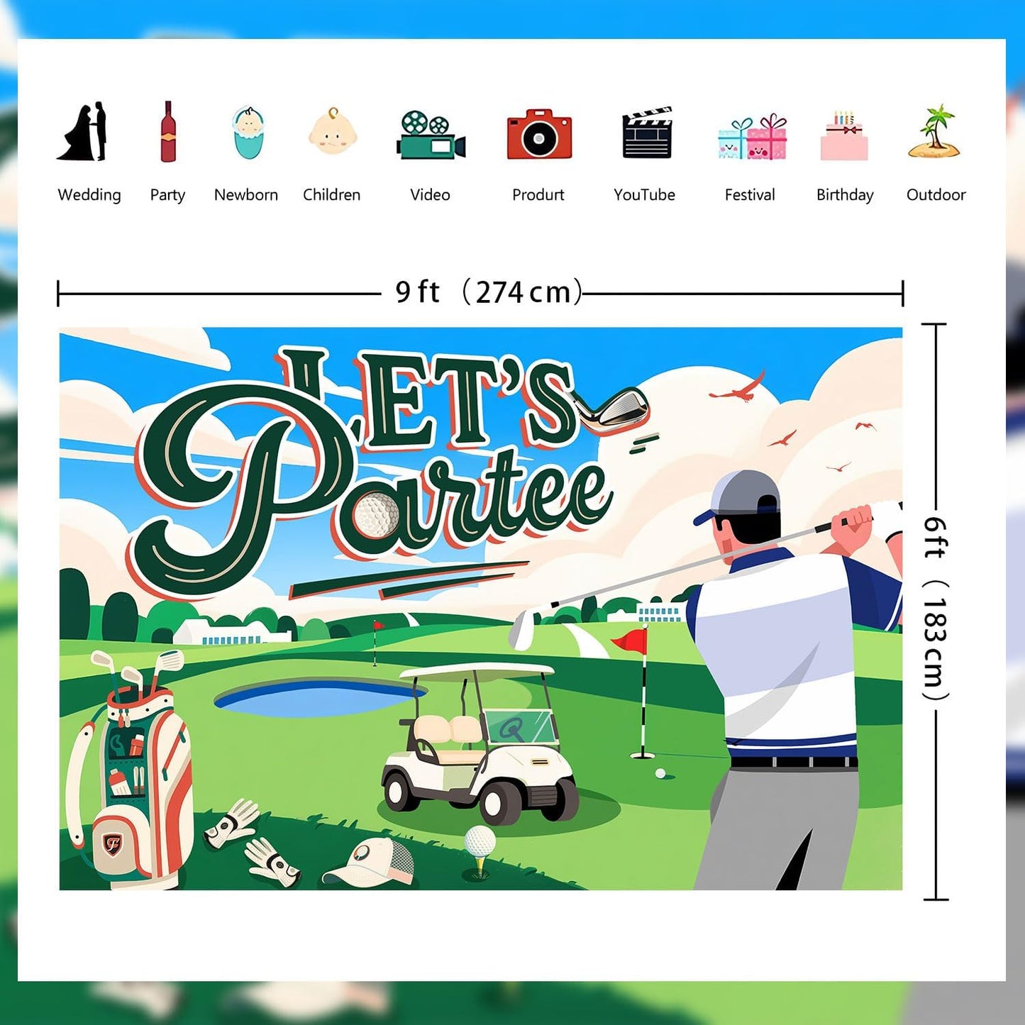 Let's Partee Golf Theme for Birthday Backdrop Green Grass Club Sports Grounds Photo Background Adult Kids Golf Birthday Party Decorations Banner Photo Booth Studio Props 9X6ft