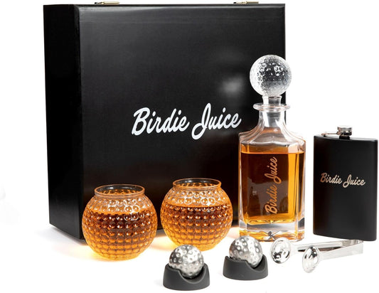 Golf Ball Whiskey Glass and Decanter Set with Crystal Whiskey Glasses, Decanter Set, Golf Ball Whiskey Chillers, Tongs, Storage Pouch, Birdie Juice Flask, and Elegant Black Storage Box