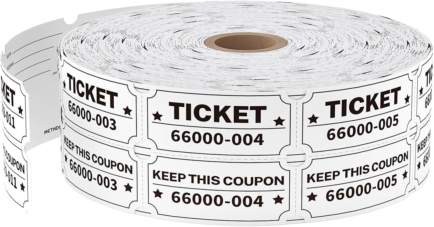 2000 Methdic White Raffle Tickets Double Roll, Ticket for Events, Entry, Class Reward, Fundraiser & Prizes