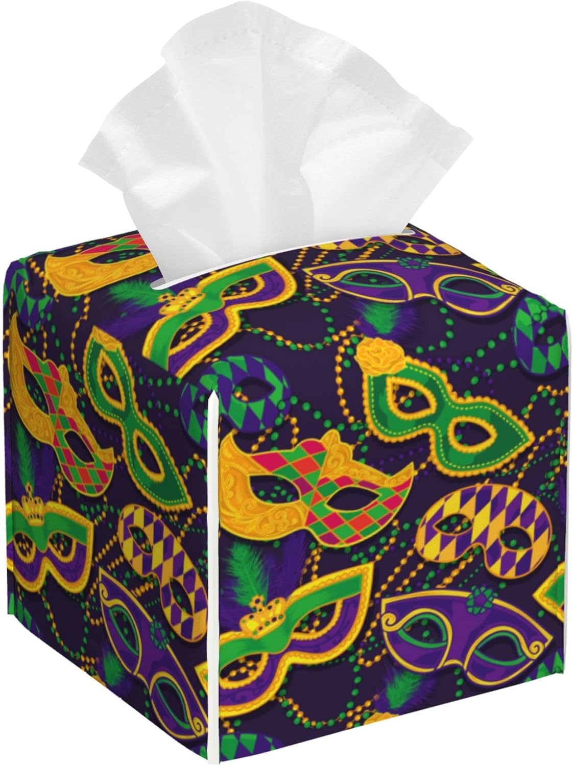 Tissue Box Cover Holder, Colorful Mardi Gras Masks PU Leather Square Tissue Box Cover Decorative Organizer for Bathroom Kitchen Bedroom Vanity Countertop Night Stands