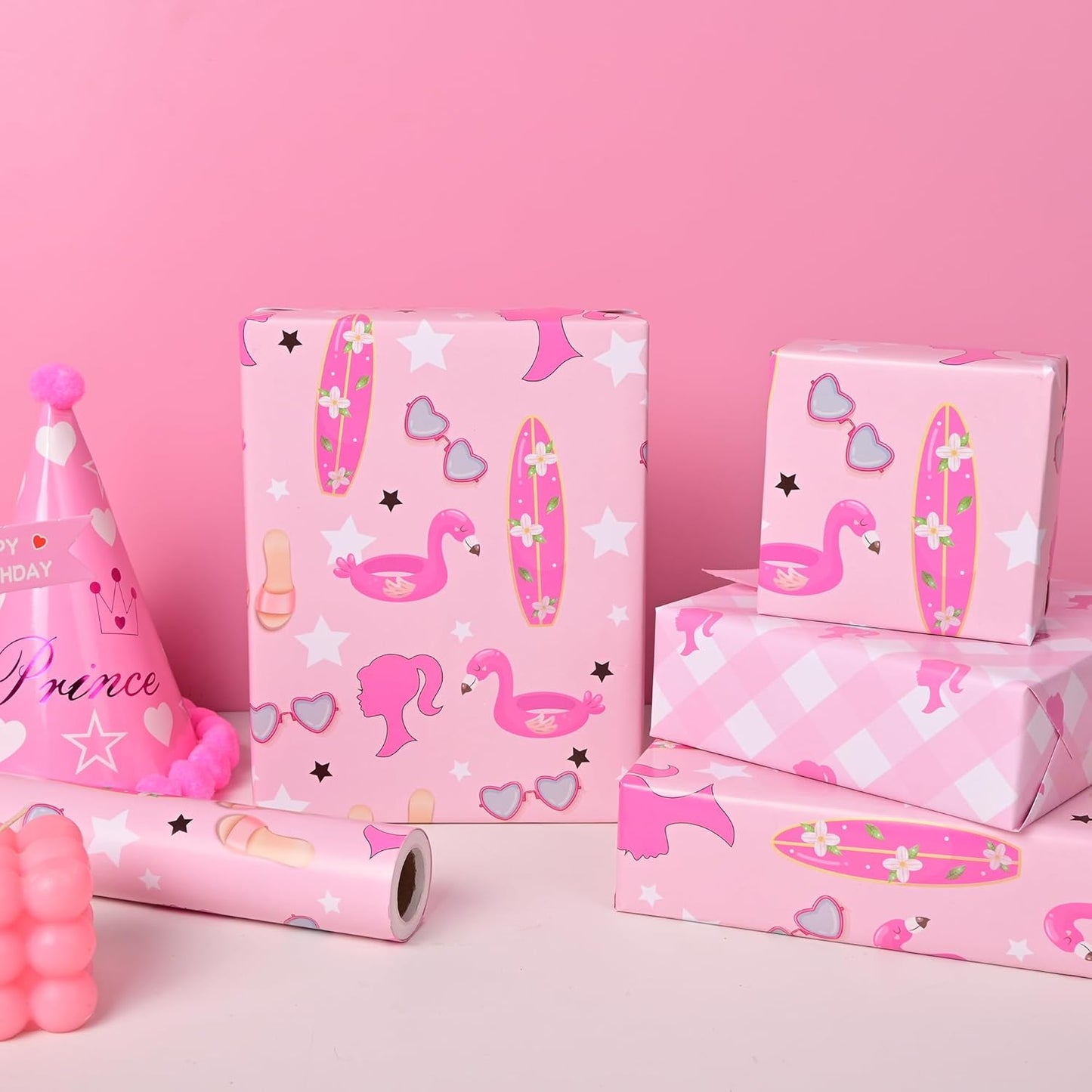 Vnaaem Reversible Girl Princess Wrapping Paper Roll for Girls Women - Pink Birthday Gift Wrap with stars, Plaid for Holiday Baby Shower Wedding Bridal Shower DIY Craft Party - 17 in x 20 ft(Total 28.5sq.ft)