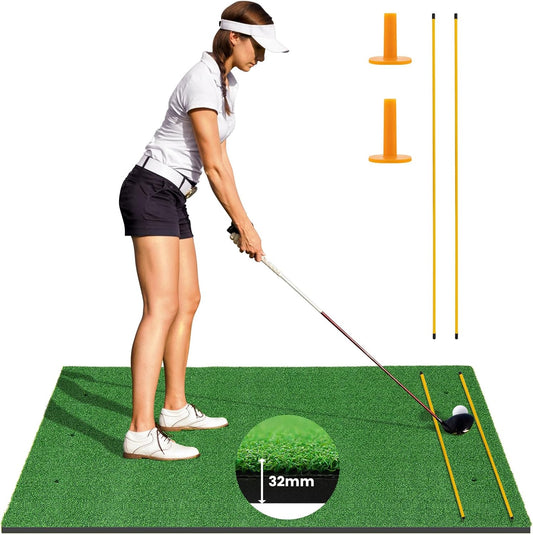 Goplus Golf Mat, 5x3ft/5x4ft Golf Hitting Mat 20/25/27/32mm Thick w/2 Alignment Sticks & 2 Golf Tees, Portable Artificial Turf Grass Training Mat Practice for Indoor Outdoor