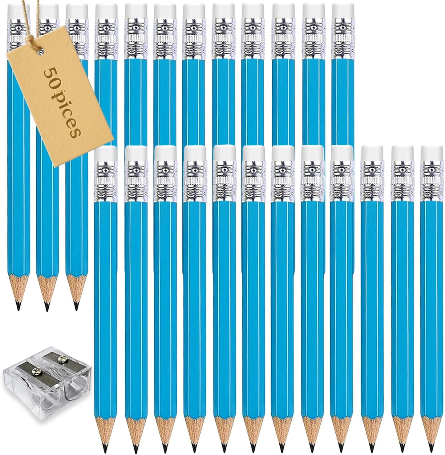 Adhere 25pcs Golf Pencils with eraser Hexagon Wooden Pencils Graphite 2B for Golf Event Scoring,Classroom,Wedding,Company Meetings,Pew, Pocket (z-Light blue・Hexagon・50pcs)
