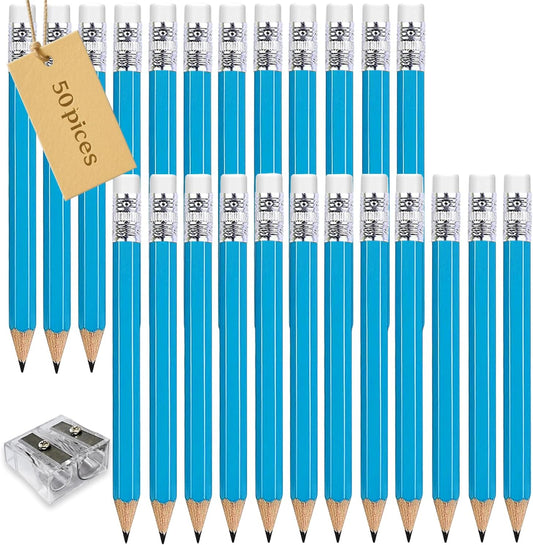 Adhere 25pcs Golf Pencils with eraser Hexagon Wooden Pencils Graphite 2B for Golf Event Scoring,Classroom,Wedding,Company Meetings,Pew, Pocket (z-Light blue・Hexagon・50pcs)