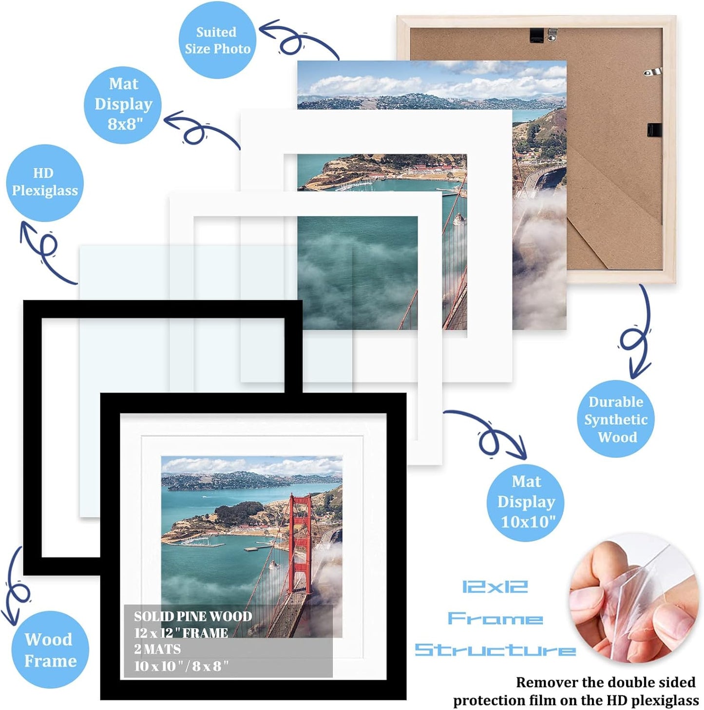 12x12 Wood Picture Frames for Wall Hanging or Tabletop,Diamond Painting Frame Baby Scan Picture Frames with 2 Mats Display 8x8 or 10x10 for Family Walls Decoration,Anniversary,Wedding,Christmas(Black)