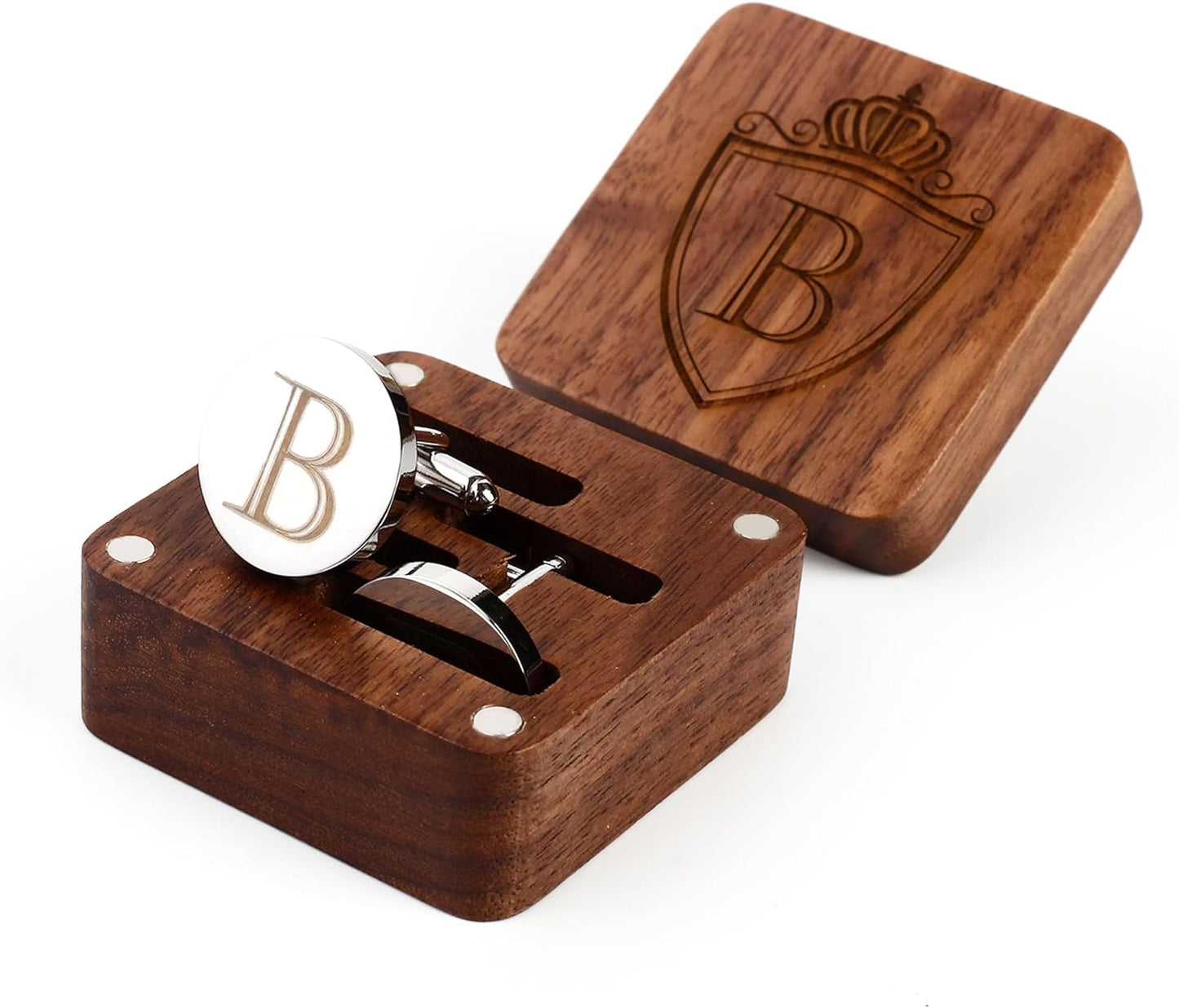 Mens Initial Silver Cufflinks A-Z Alphabet Letter Steel Cuff Links with Engraved Walnut Wood Box Groom Groomsman Wedding Set…