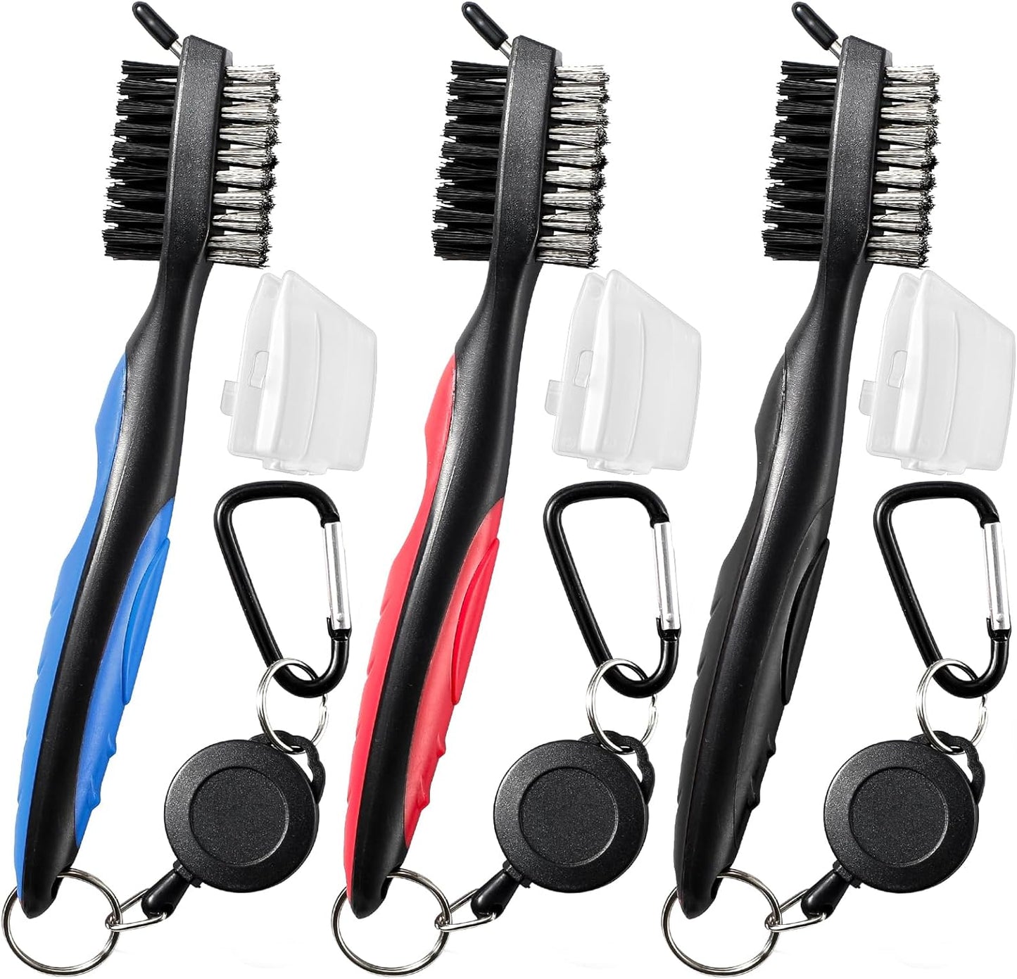 3 Pack Golf Club Brush and Club Groove Cleaner with Retractable Zip-line and Aluminum Carabiner Cleaning Tools , Golf Accessories, Golf Gifts for Men , Golf Ball Cleaner, Easily Attaches to Golf Bag