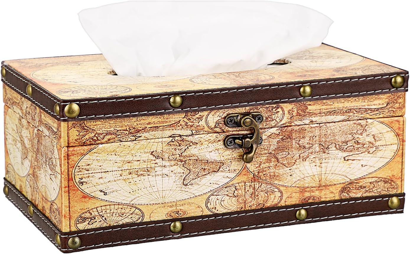 Sumnacon Tissue Box Cover Rectangle Wooden Tissue Box with Lid, Vintage Tissue Box Holder with Retro Pattern, Rustic Tissue Cover for Bathroom Toilet Living Room Table Desk Office Decor, Yellow Map