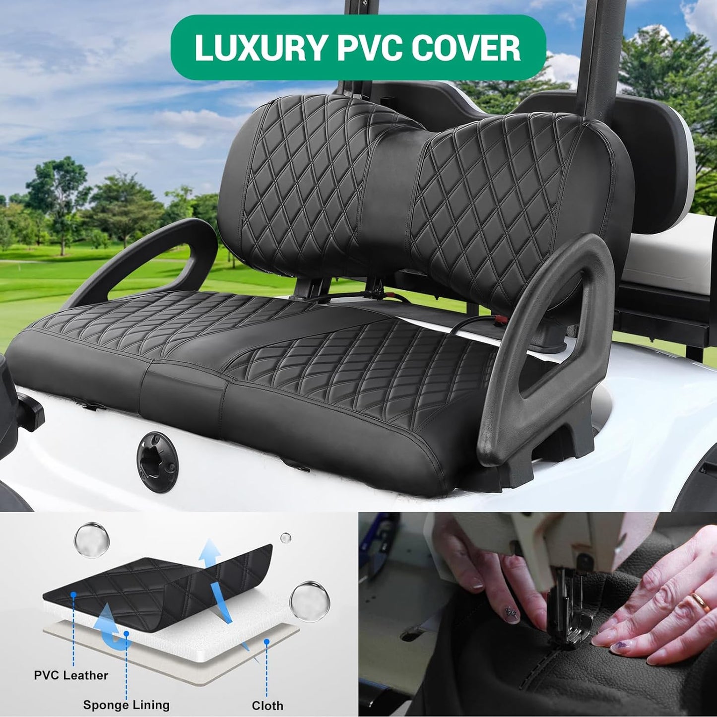 iLSKW Golf Cart Seat Cover for Yamaha G29 / Drive, Premium Marine Leather, Diamond Stripe with Black Stitching Soft Comfortable to Upgrade No Stapler