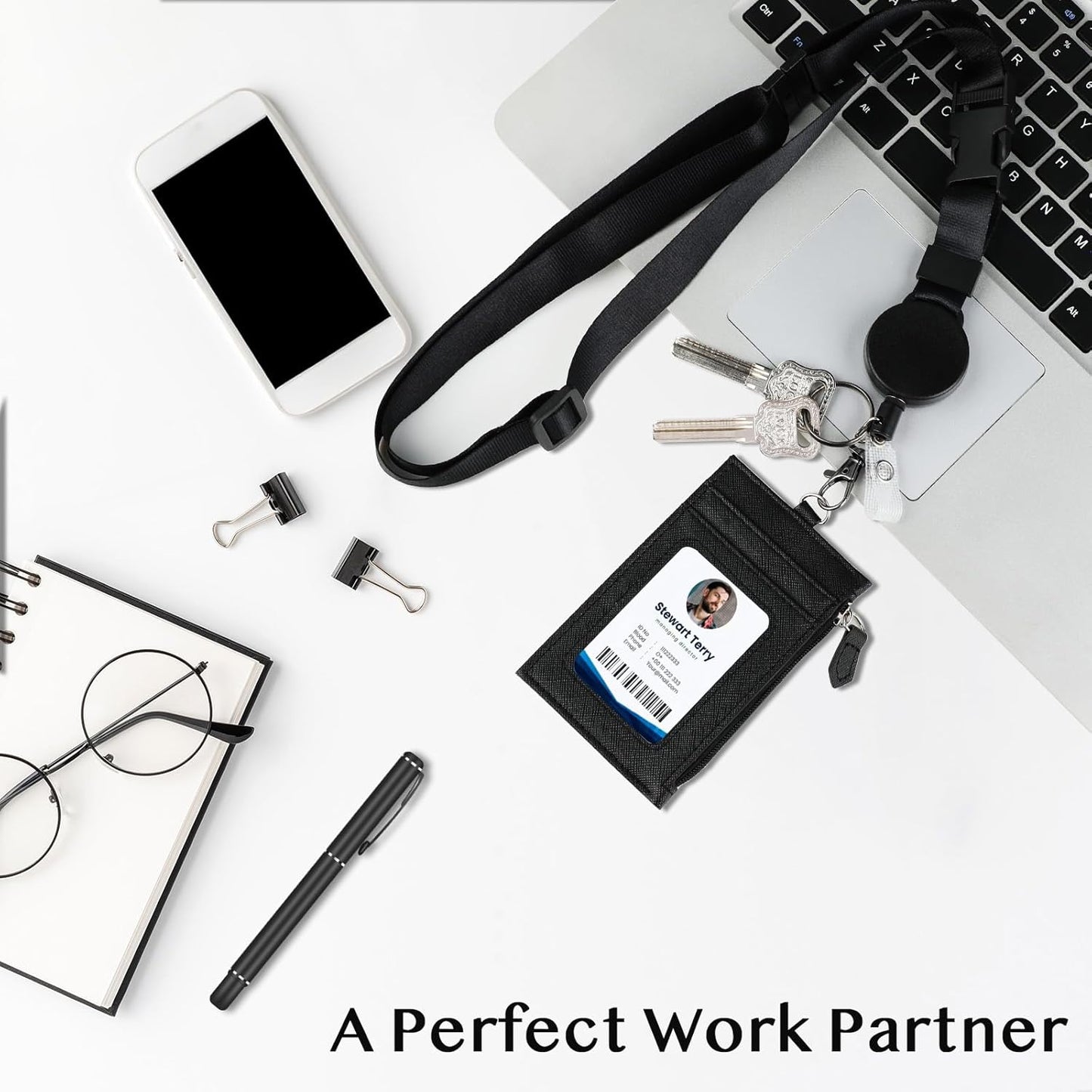 DELSWIN Badge Holder with Retractable Lanyard, PU Leather ID Badge Card Holder with 1 ID Window, 4 Card Slots, 1 Side Zipper Pocket, and Adjustable Neck Strap