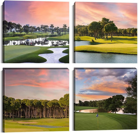 Pankila Golf Course Wall Art for Golf Gym Club Canvas Wall Decor Yellow Green Sunset Landscape Abstract Wall Painting Decor Living Room Bedroom Bathroom Frame Artwork (16''W x 16''H x 4)