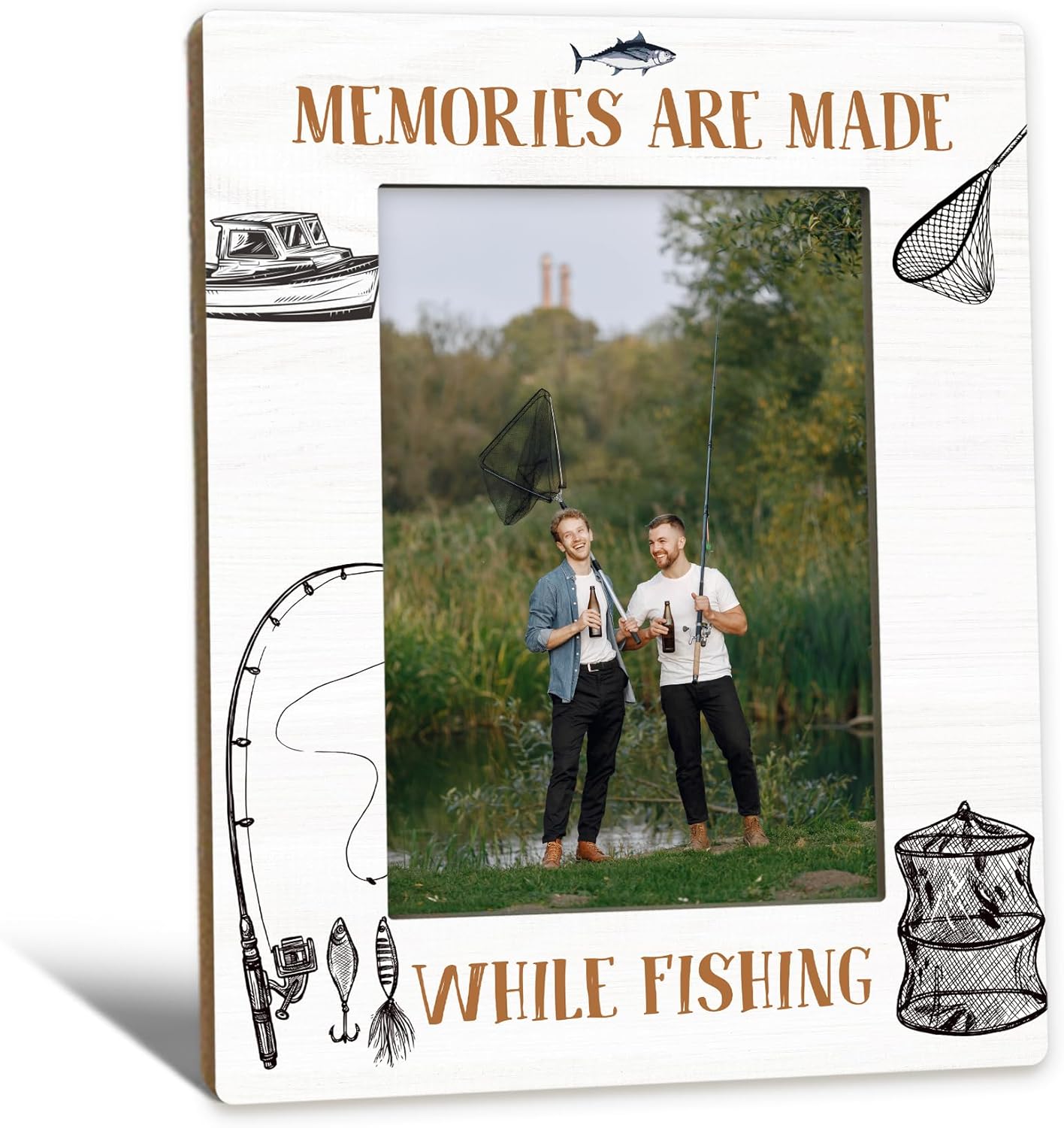 Fishing Picture Frame 5x7, Holiday Decor Photo Frame, FishingGifts for Fisherman Friends Men Dad Grandpa, Memories are Made While Fishing Wooden Picture Photo Frames for Desk Home Room Decor