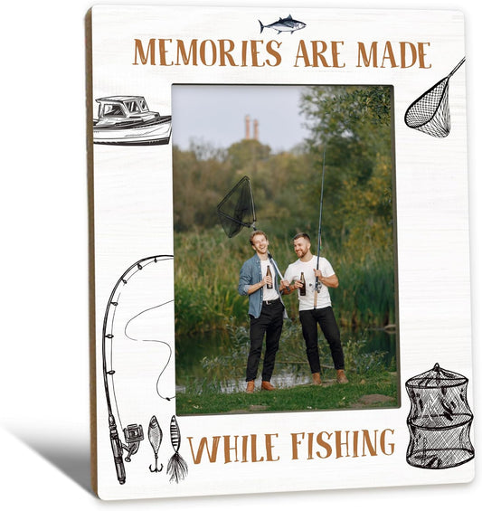 Fishing Picture Frame 5x7, Holiday Decor Photo Frame, FishingGifts for Fisherman Friends Men Dad Grandpa, Memories are Made While Fishing Wooden Picture Photo Frames for Desk Home Room Decor